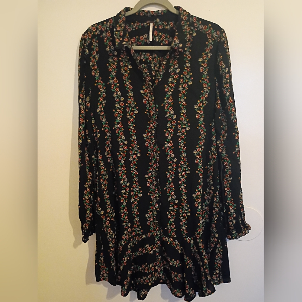 Free People Women's Black Floral Long Sleeve Mini Dress Sz L